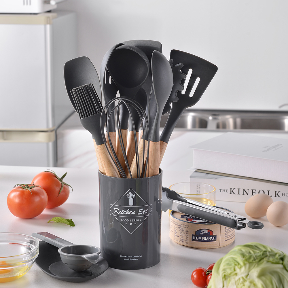 Light Version 750g Silicone Kitchen Utensil Set Wooden Handle 14-Piece Set Kitchen Tools Cooking Spatula Spoon Set 14-Piece Set