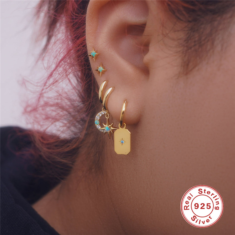 S925 sterling silver octagonal diamond-set opal ear stud earring opal niche minimalist earring niche earring
