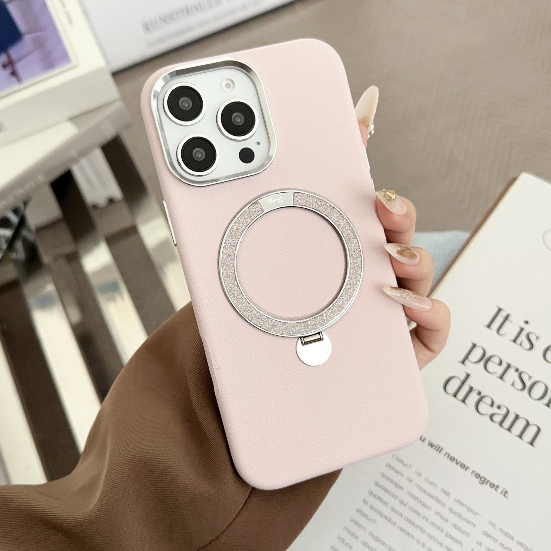 For iPhone 17 Pro Max Pivot Case Apple 16 Pro Max Glitter Magnetic Stand Leather Texture Hard Case