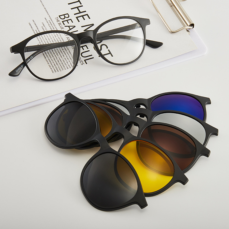 Polarized sunglasses for men and women, new TR90 frame, five-piece set, black night vision magnetic clip-on sunglasses