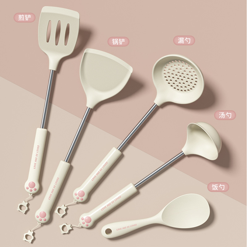 Cat paw cute style silicone kitchen utensil five-piece set, spatula, kitchen slotted spoon, rice spoon, non-stick pan silicone spoon