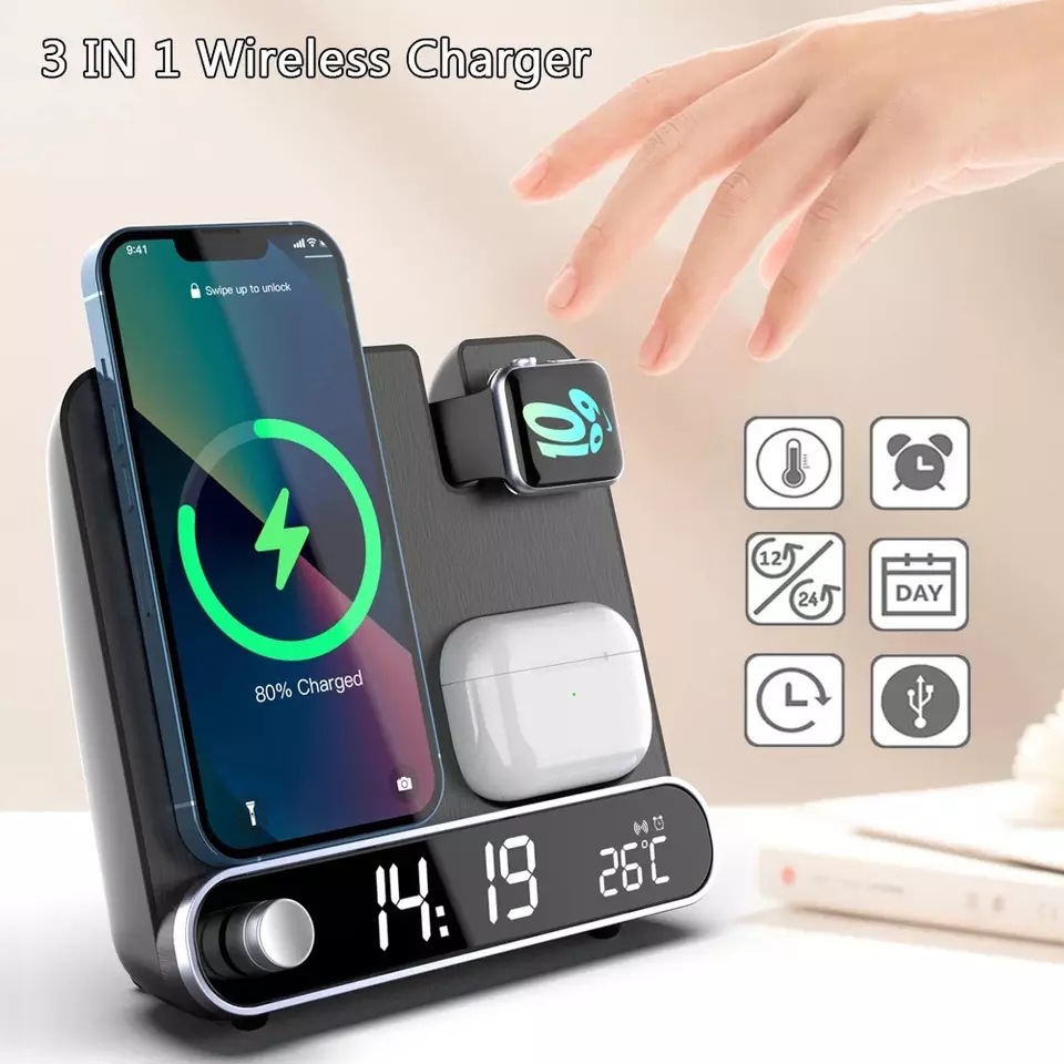 New 15W Wireless Charger Clock Watch Earphone 3-in-1 Wireless Charger Clock Alarm Clock Thermometer Wireless Charger with