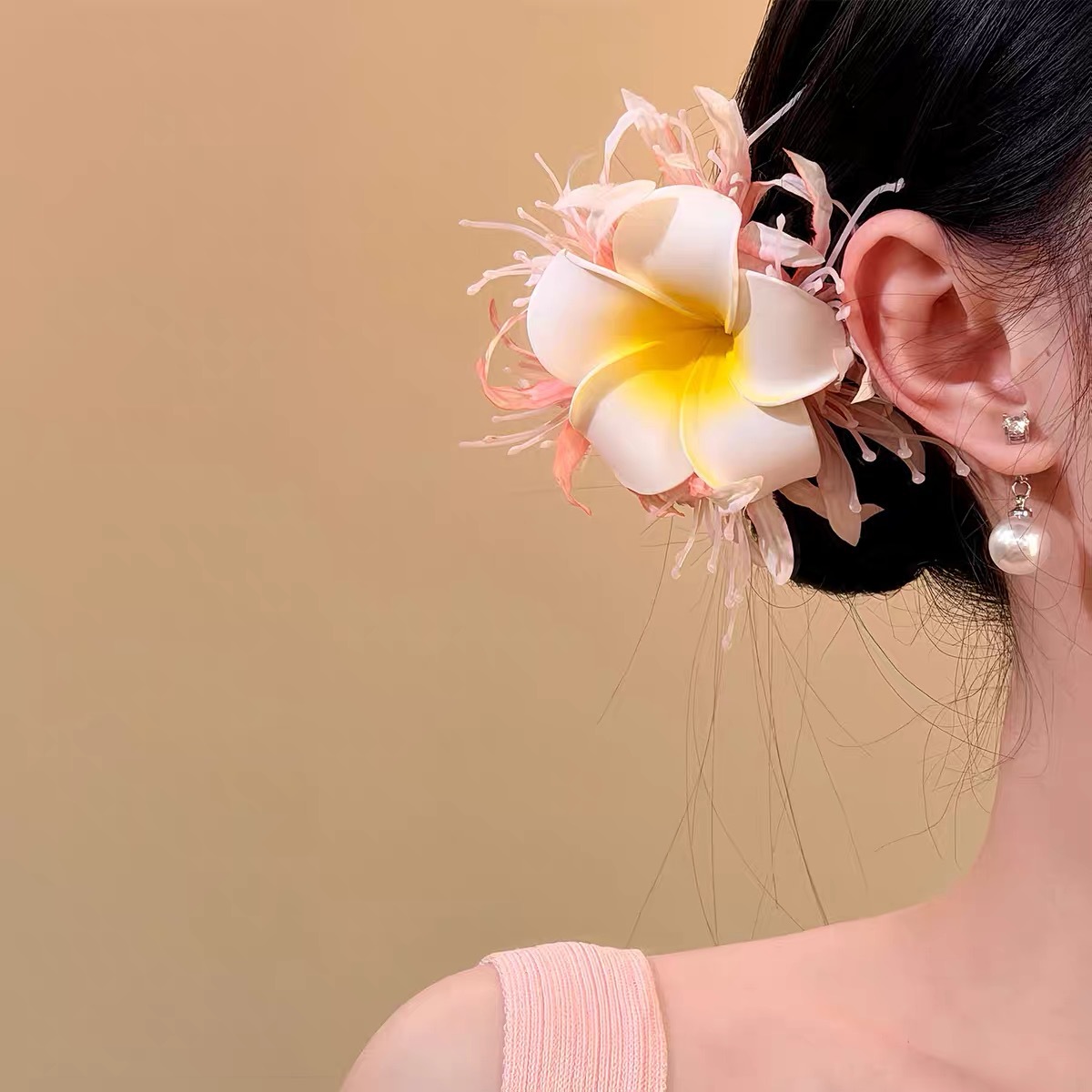 New Chinese style lily flower hair clip for women super fairy bangs duckbill clip ancient style cheongsam accessory head flower hair accessory