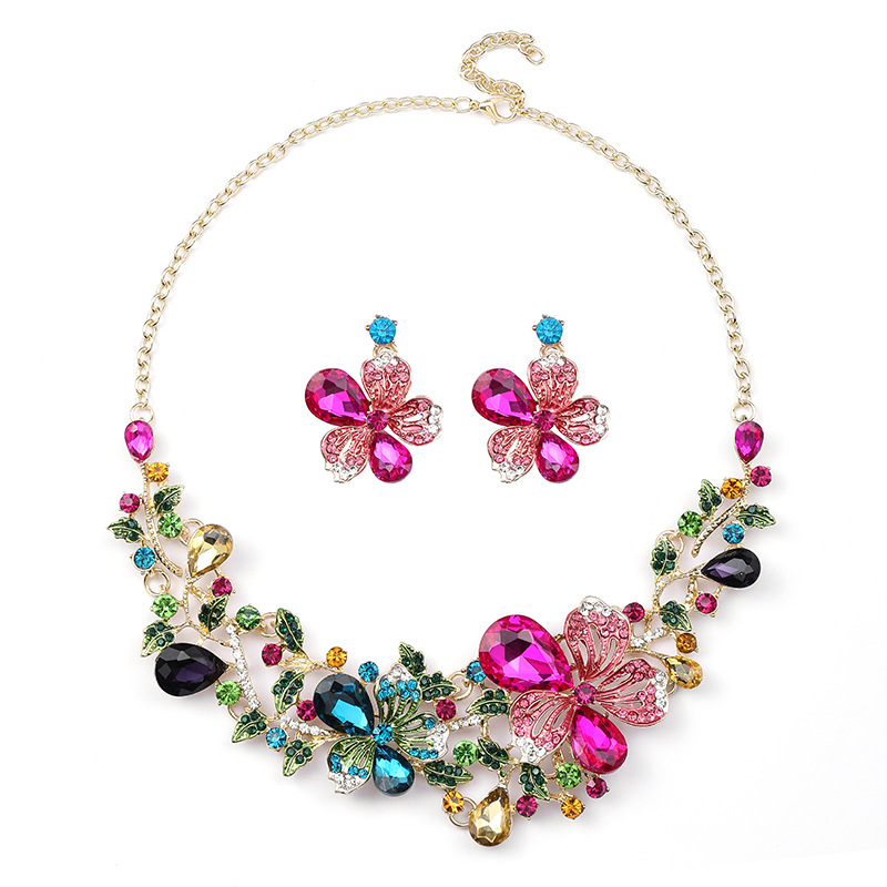 2022 New Colorful Flower Necklace Set Women Bright Bride Necklace Oil Painting Gemstone Collarbone Chain