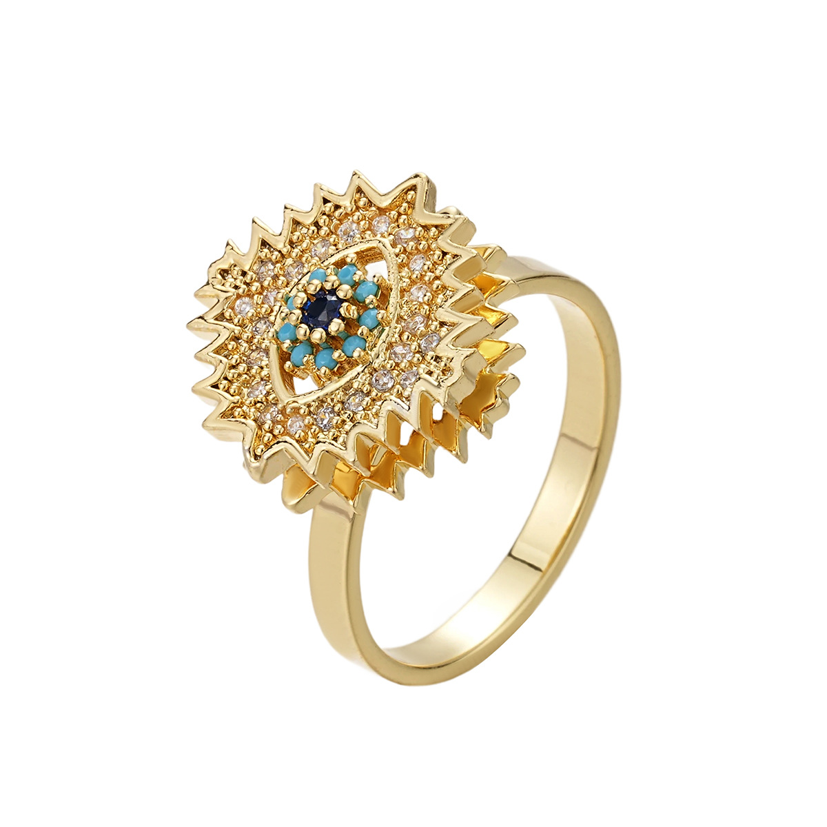 New Product Copper Plated Real Gold 360 Rotating Ring Women's Evil Eye Blue Zircon Open Ring