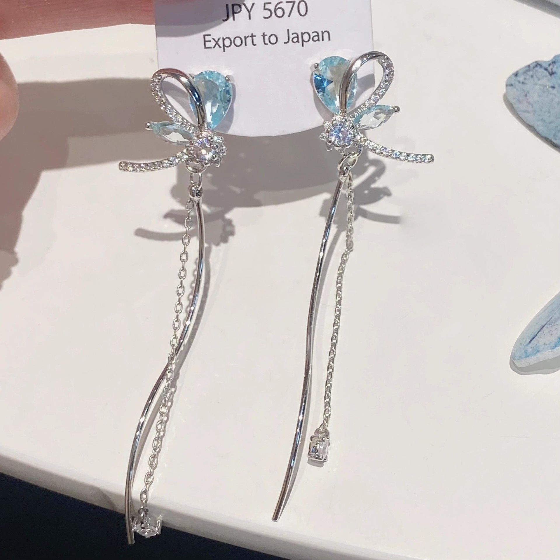 Blue Gradient Crystal Butterfly Long Tassel Ear Clips Super Fairy Simple Stud Earrings Ear Accessories