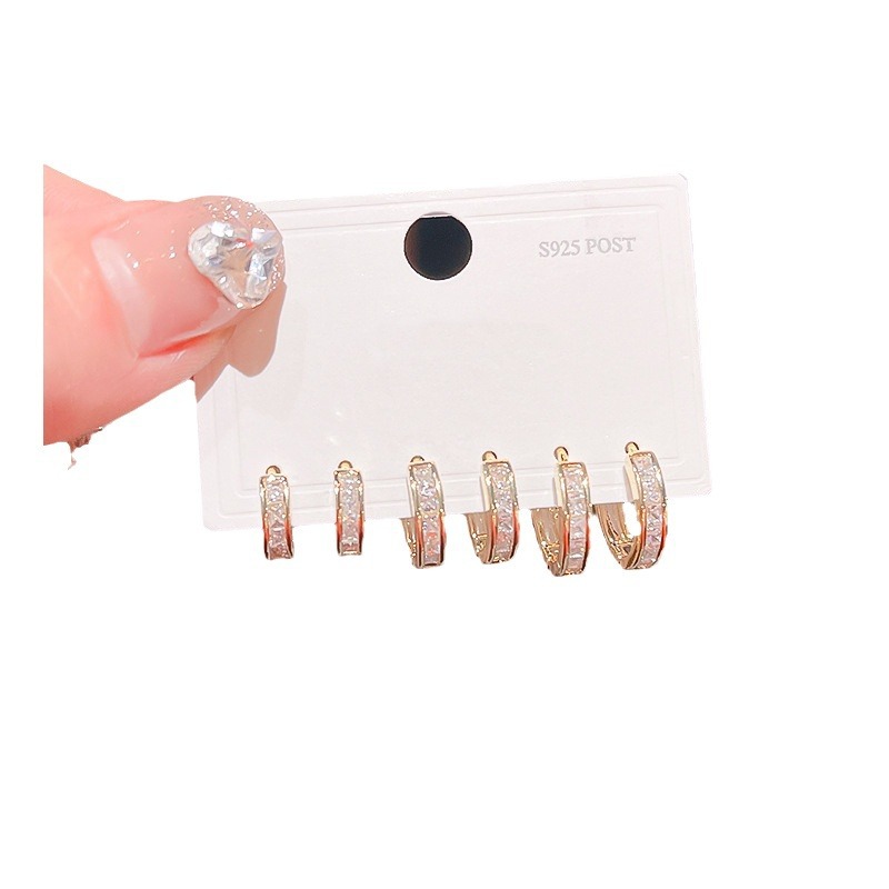 3 pairs heavy work square zircon ear hoops ear cuffs, niche style super flash ear cuffs ear cuffs