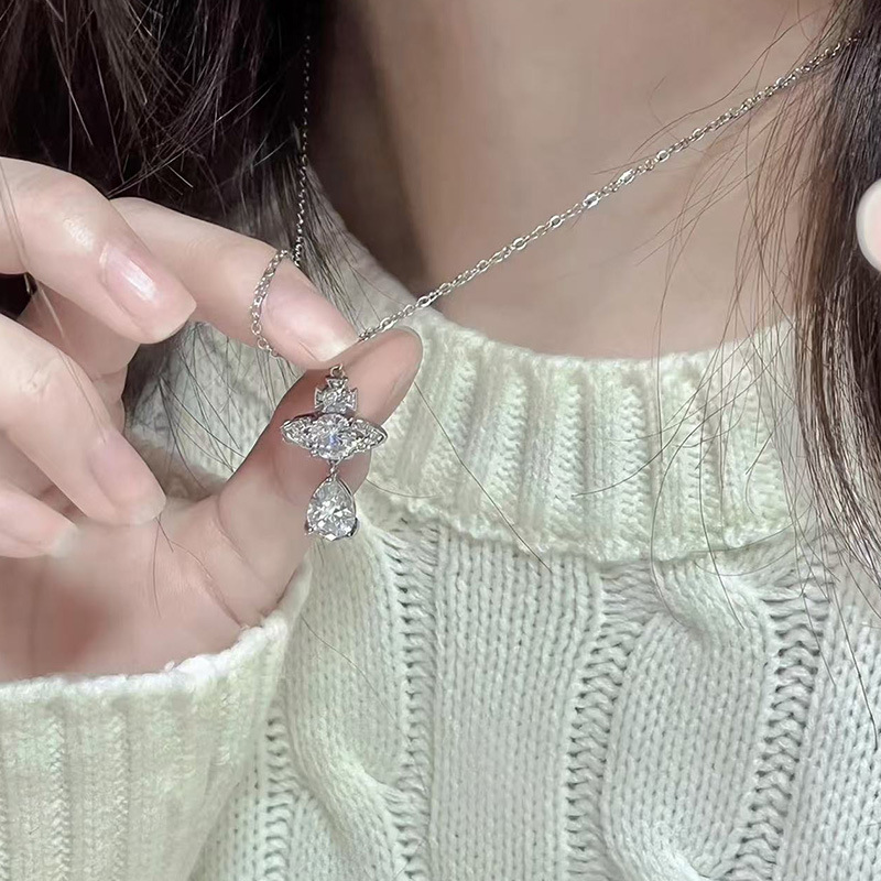 Versa Vivien Saturn Necklace Vivienne Westwood Mermaid Tears Full Diamond Pendant Necklace for Women Collarbone Chain