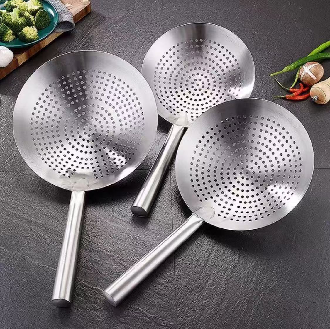 304 stainless steel large slotted spoon thickened deep-fry chef commercial kitchen extra-thick oil filter drum large ladle strainer