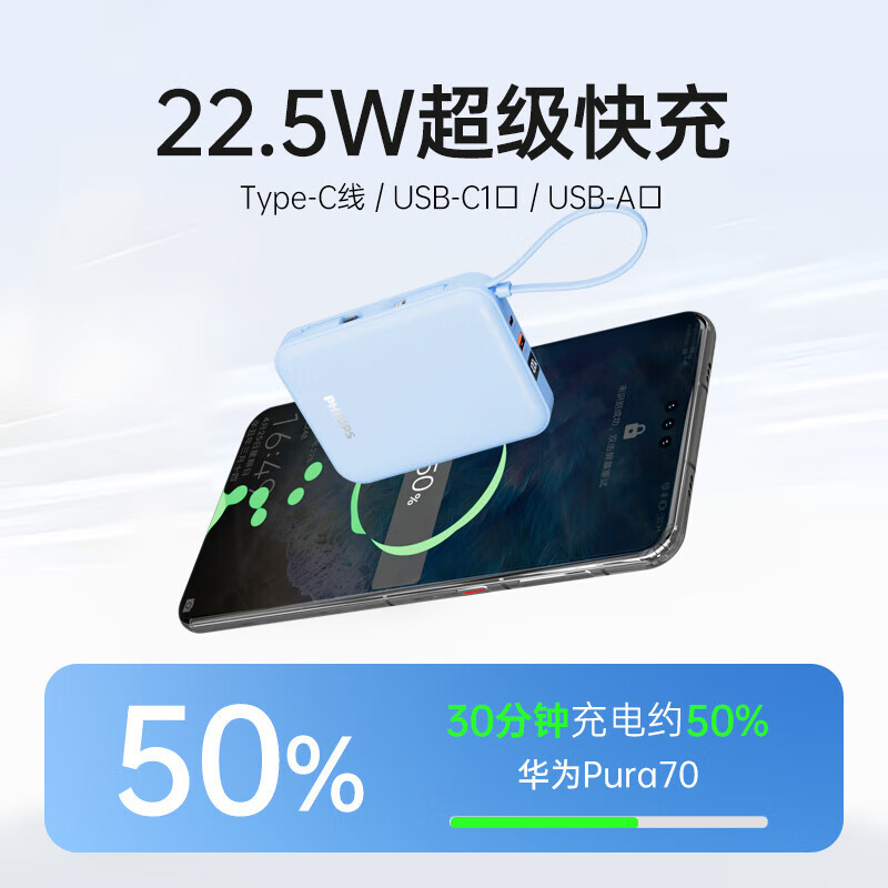 Philips Lanyard Power Bank 20000mAh Large Capacity Dual Cable 22.5W Compatible with Apple Huawei