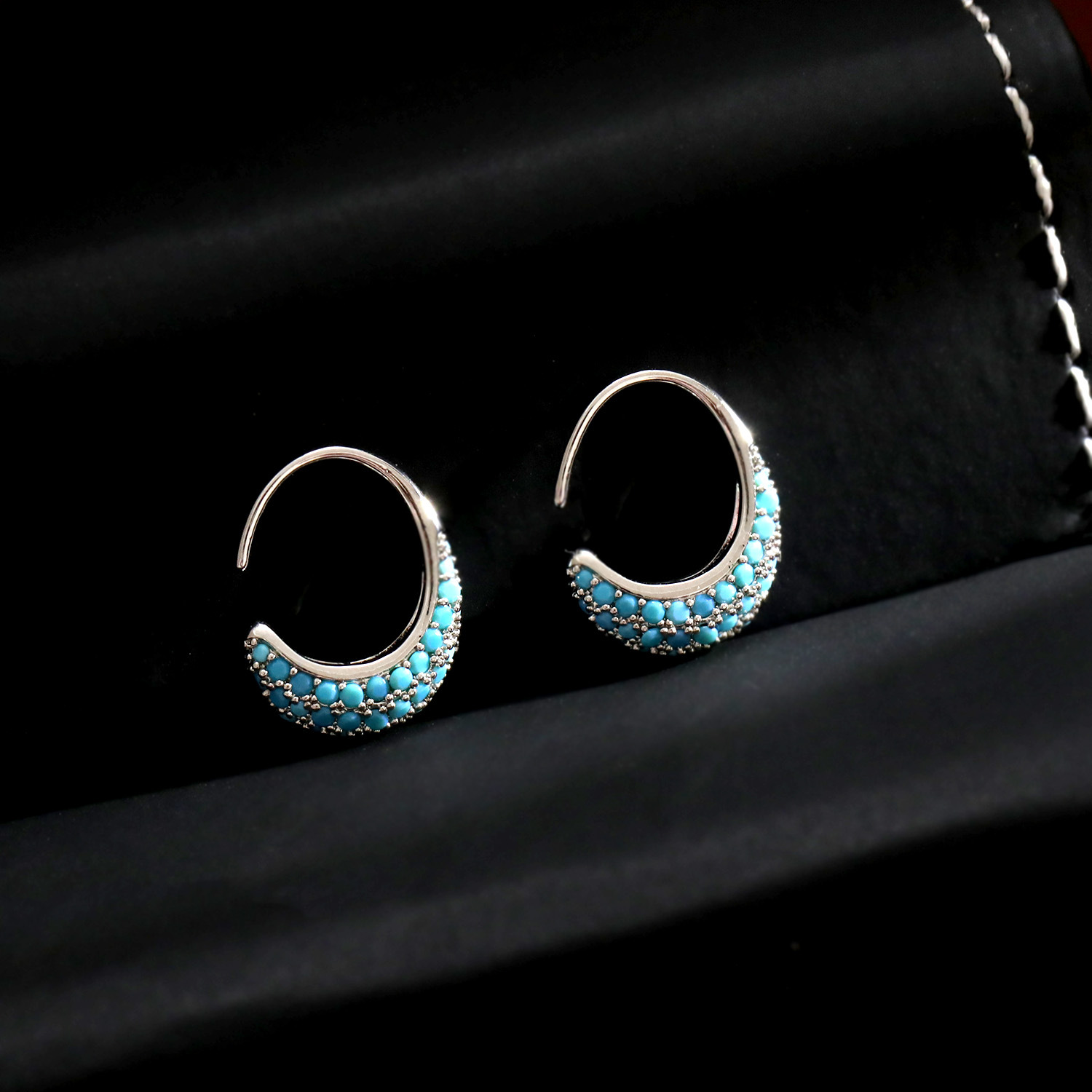 Chinese Design Flower Basket Turquoise Earrings Women Full Diamond Inlaid Ear Studs C-Type Ear Buckle Earrings