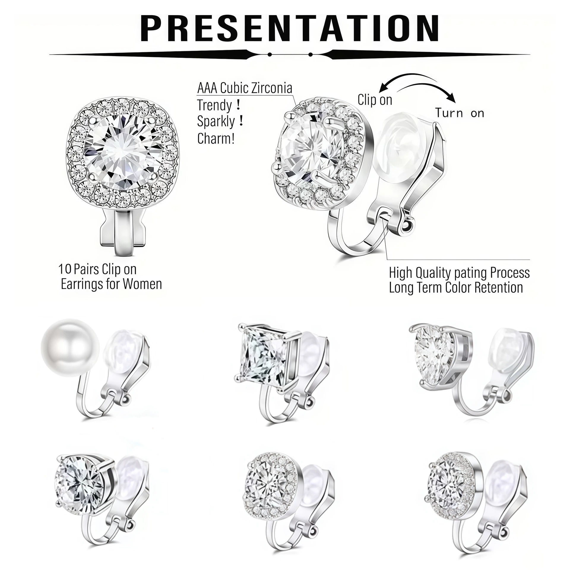 Metal earrings, clip-on earrings for no pierced ears, exquisite ear ornaments
