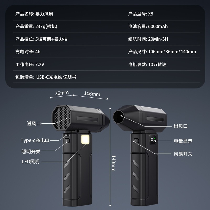 Portable Violent Fan Car Snow Removal Dust Blowing Emergency Lighting Outdoor High Power Hair Dryer
