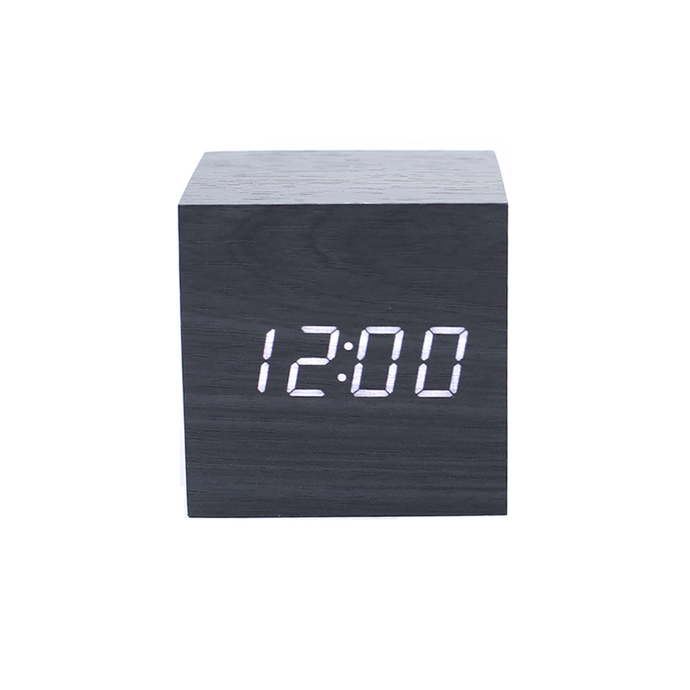 LED smart voice-controlled wooden clock, square compact digital display temperature and humidity electronic alarm clock, multi-color electronic clock