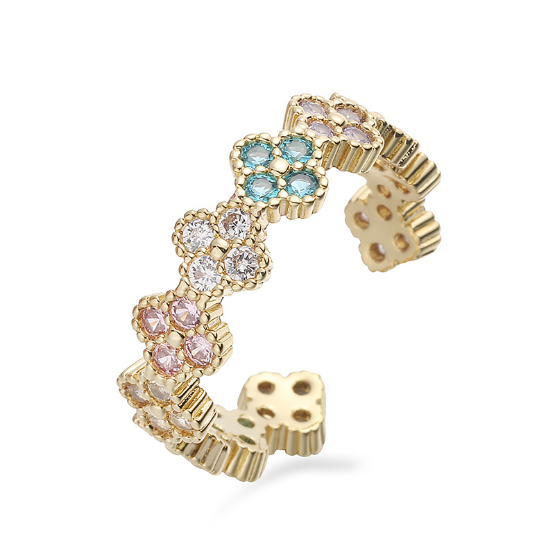 Copper Inlaid Colorful Diamond Four-Leaf Clover Ring Unique Super Shiny Flower Petal Open Adjustable Ring