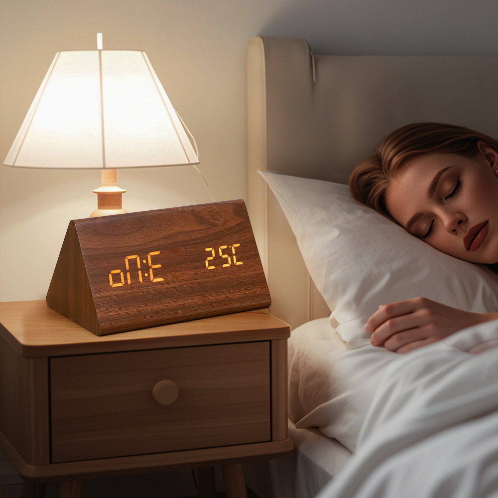 Antique Silent Triangular Wooden Clock LED Wooden Clock Electronic Thermometer Clock Smart Digital Alarm Clock