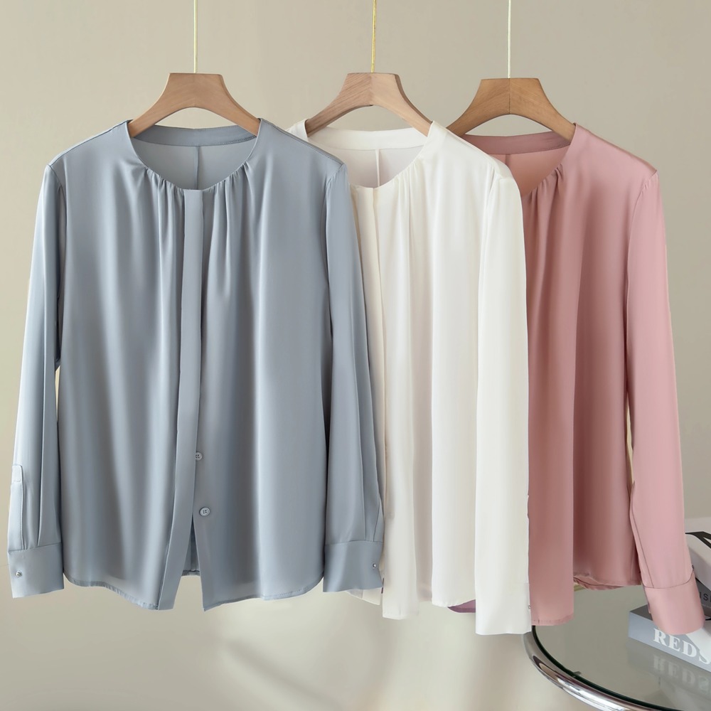 Satin round neck mulberry silk shirt women's 2026 spring new pleated silk long-sleeved top