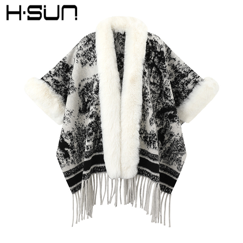 New Knit Cape Poncho Elegant Ethnic Style Fringe Wool Shawl Warm Ethnic Style