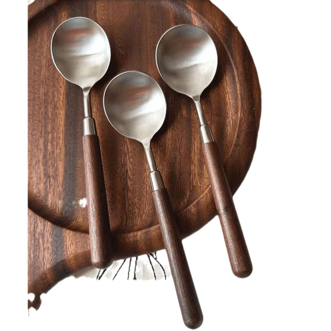 Stainless Steel Spoon Simple Texture Imitation Walnut Handle Set Household Western Tableware Rice Spoon Tableware