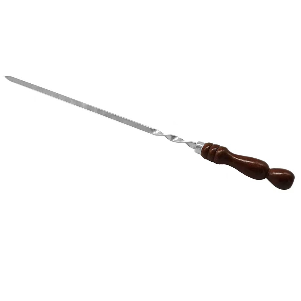 Stainless Steel Flat Skewer Wooden Handle BBQ Steel Skewer Russian Thickened BBQ Skewer