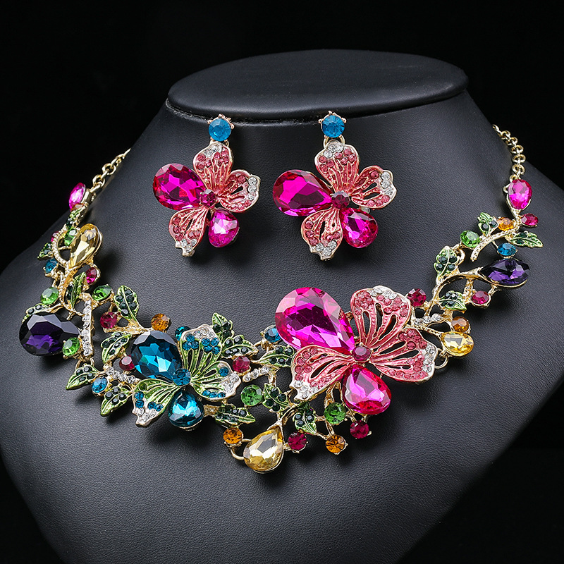 2022 New Colorful Flower Necklace Set Women Bright Bride Necklace Oil Painting Gemstone Collarbone Chain