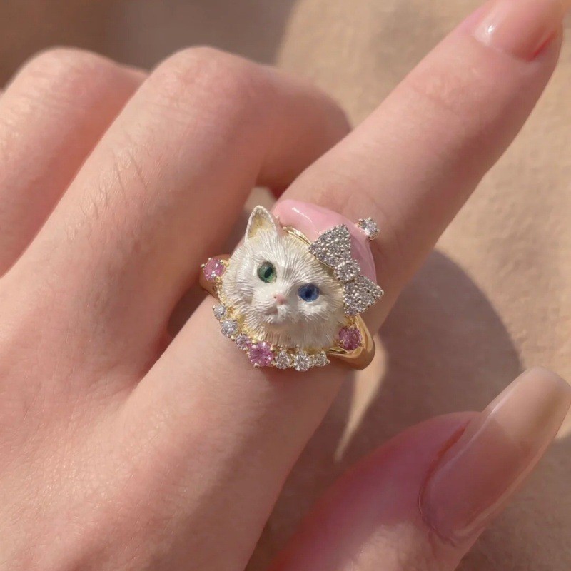 Cute Little Dog Cat Ring Cartoon Sweet Pet Ring Exquisite Sparkling Diamond Bow Index Finger Ring