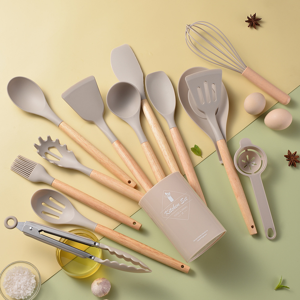 Light Version 750g Silicone Kitchen Utensil Set Wooden Handle 14-Piece Set Kitchen Tools Cooking Spatula Spoon Set 14-Piece Set