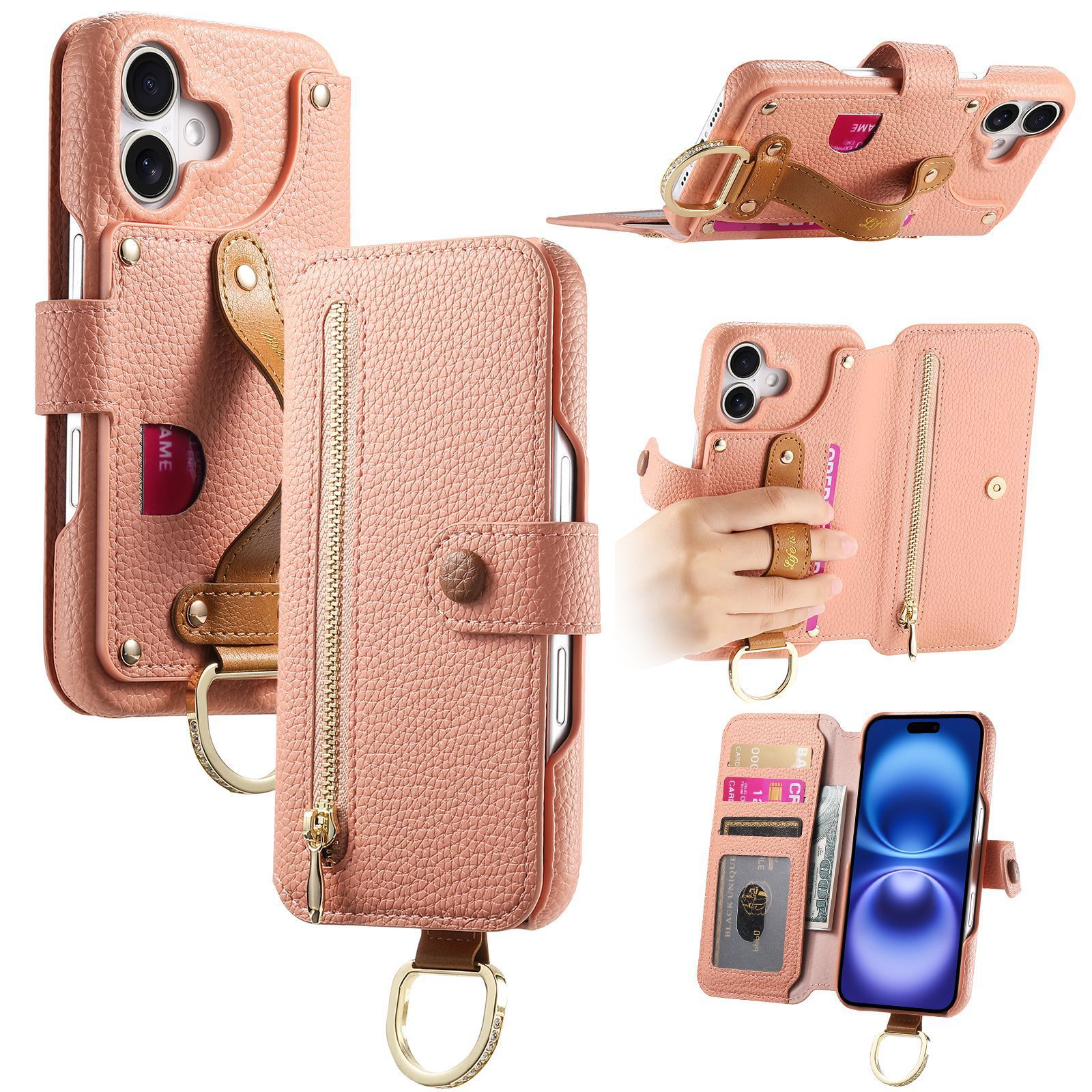 Leather grain plain leather back adhesive flip phone case for Apple 18 phone case card slot iPhone18 case