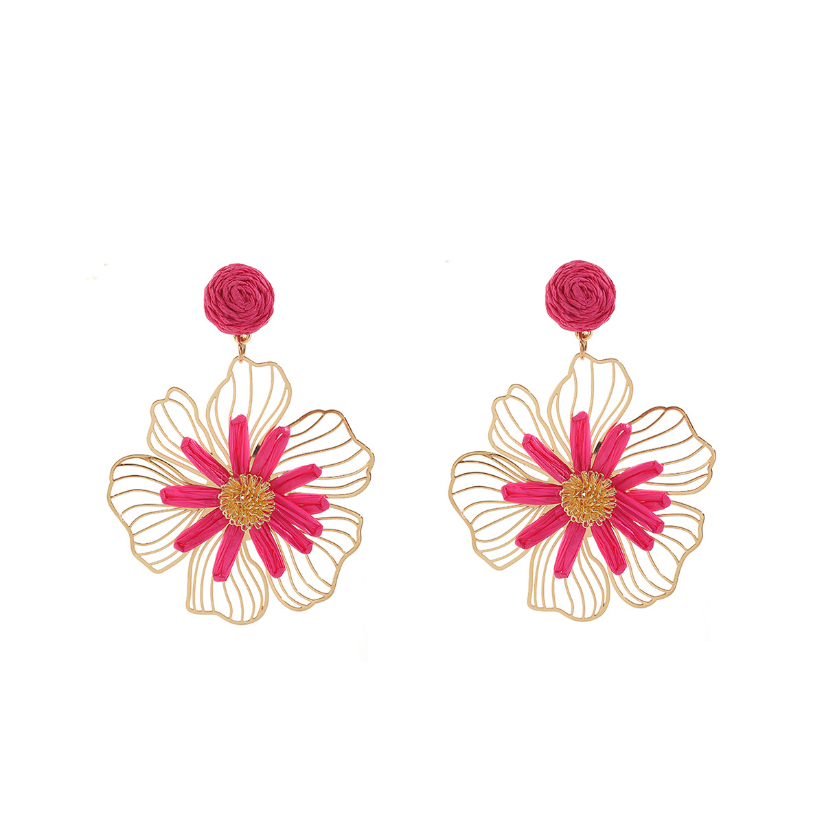 2026 spring summer raffia handmade woven hollow three-dimensional flower earrings for women beach vacation style
