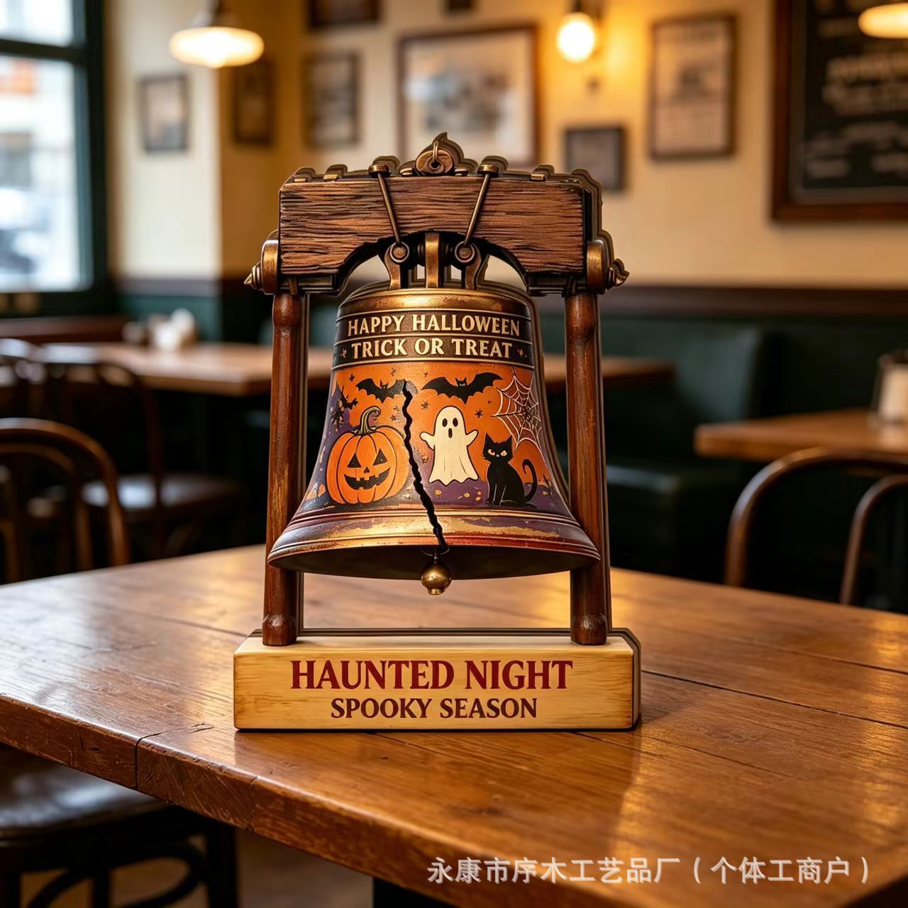American Style Halloween Wooden Bell Ornament Distressed Tabletop Decoration Ghost Pumpkin Halloween Holiday Craft Ornament