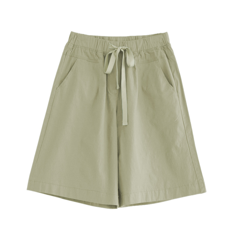 Spring and summer women mid-waist wide-leg five-tenths casual pants cotton spandex mid-elastic commute 200 jin women