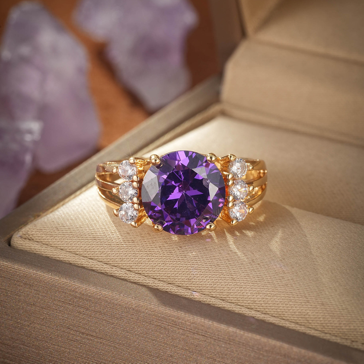 Colored Gemstone Ring Women's Set with AAA Zircon Ring Amethyst Jewelry