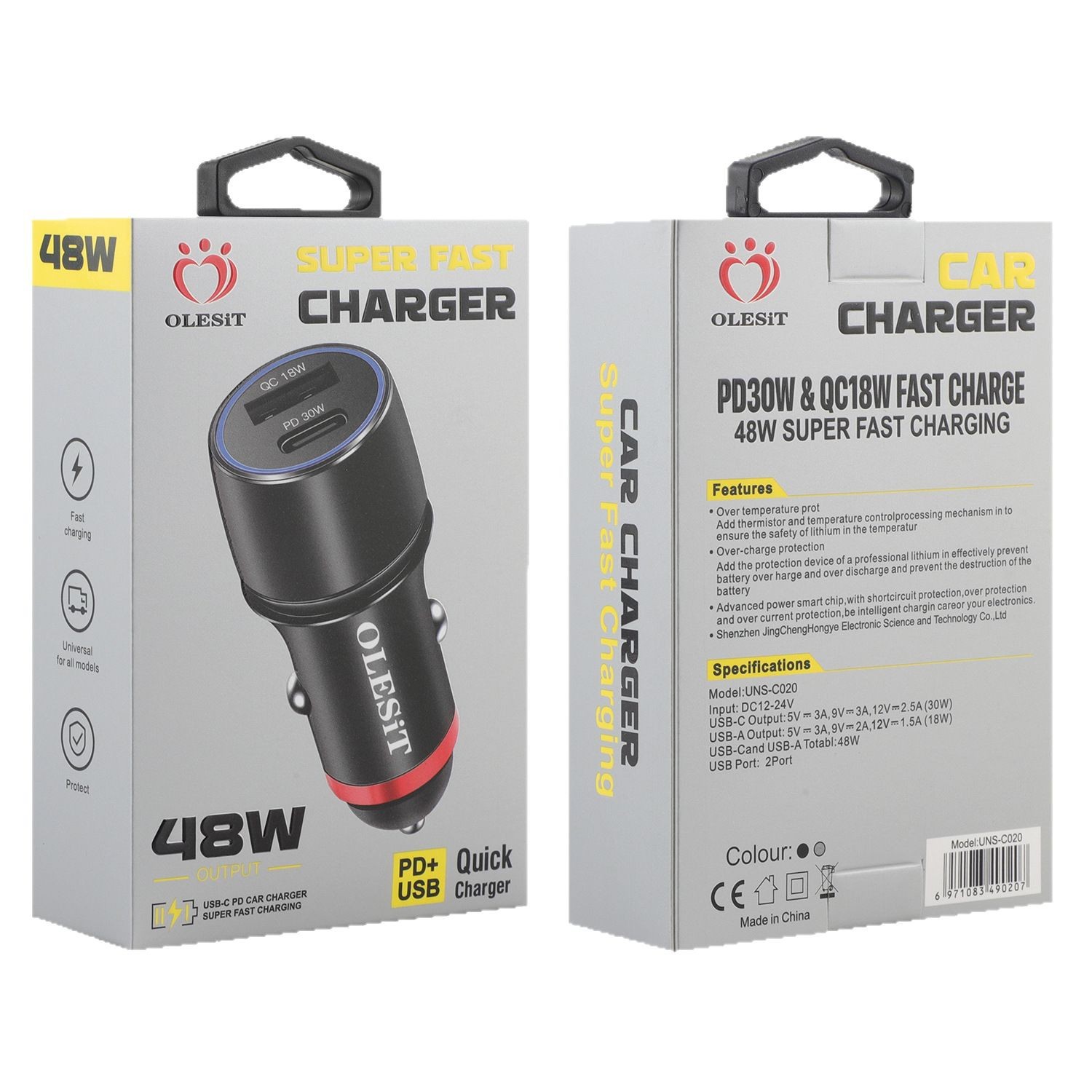 OLESITA+C car charger 48W TYPE-C+USB fast charging PD aluminum alloy car charger