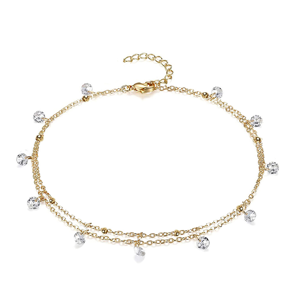Japanese and Korean exquisite versatile zircon crystal tassel pendant bead chain, double-layer sexy beach anklet