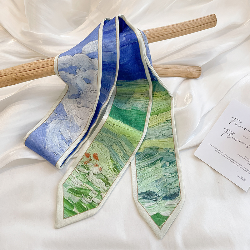 Spring and summer thin narrow ribbon, bag oil painting style small ribbon long scarf, belt, hairband