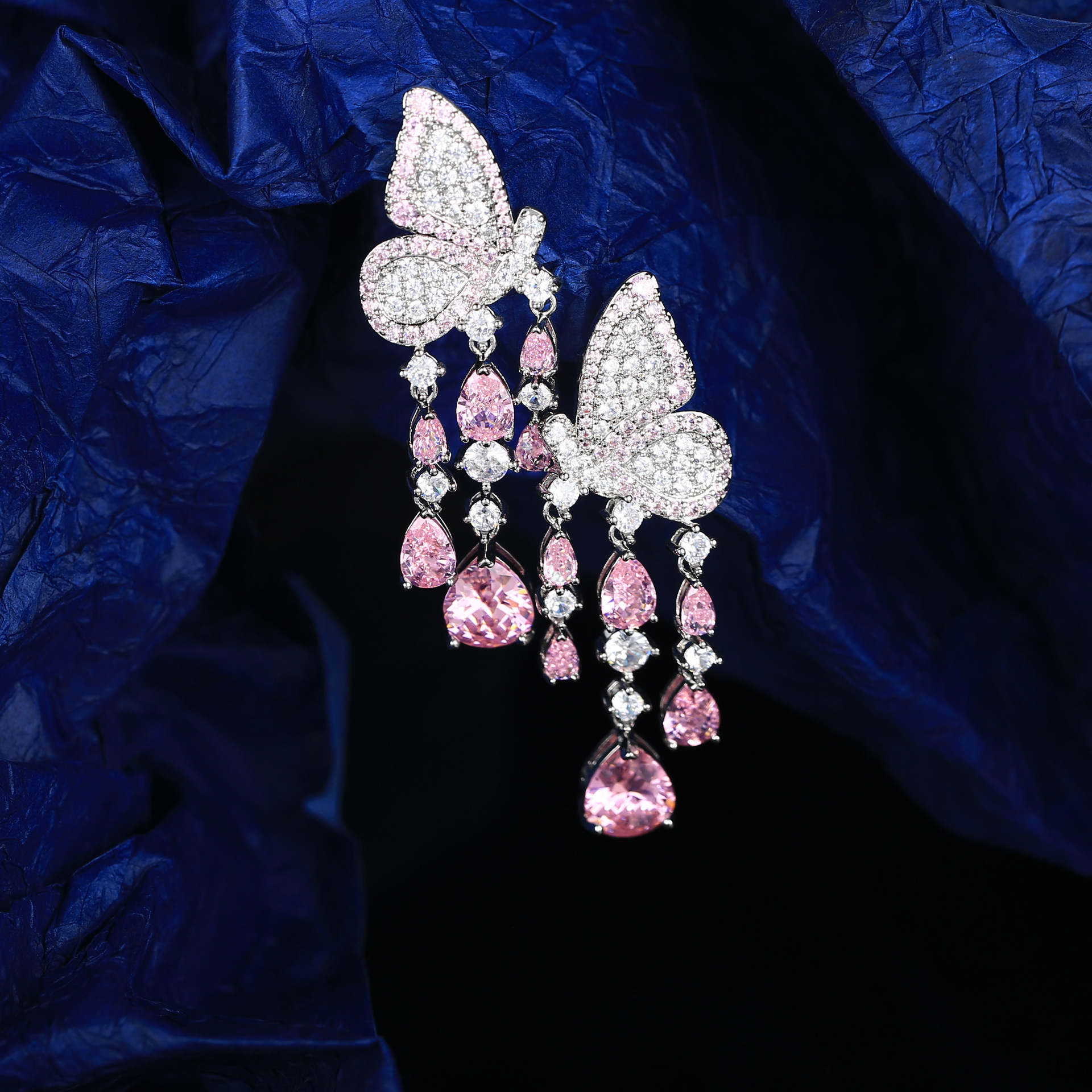 Korean micro-set zircon colored pink butterfly wing tassel drop goddess earring stud banquet annual meeting full diamond earring silver needle