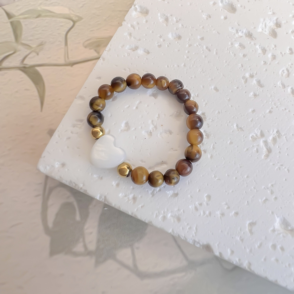 Colorful Natural Stone and Stainless Steel Bead Ring: Heart-Shaped Seashell DIY Craft—Sweet Set of Rings for the Index Finger