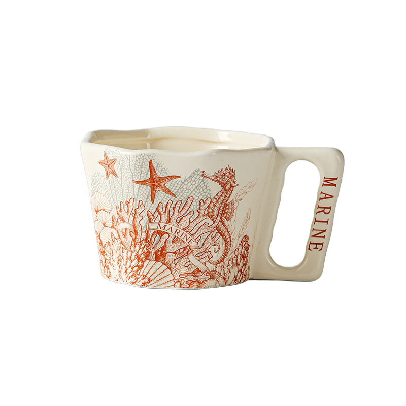 Oil painting ocean starfish ceramic coffee cup saucer home use water cup yogurt oatmeal cup