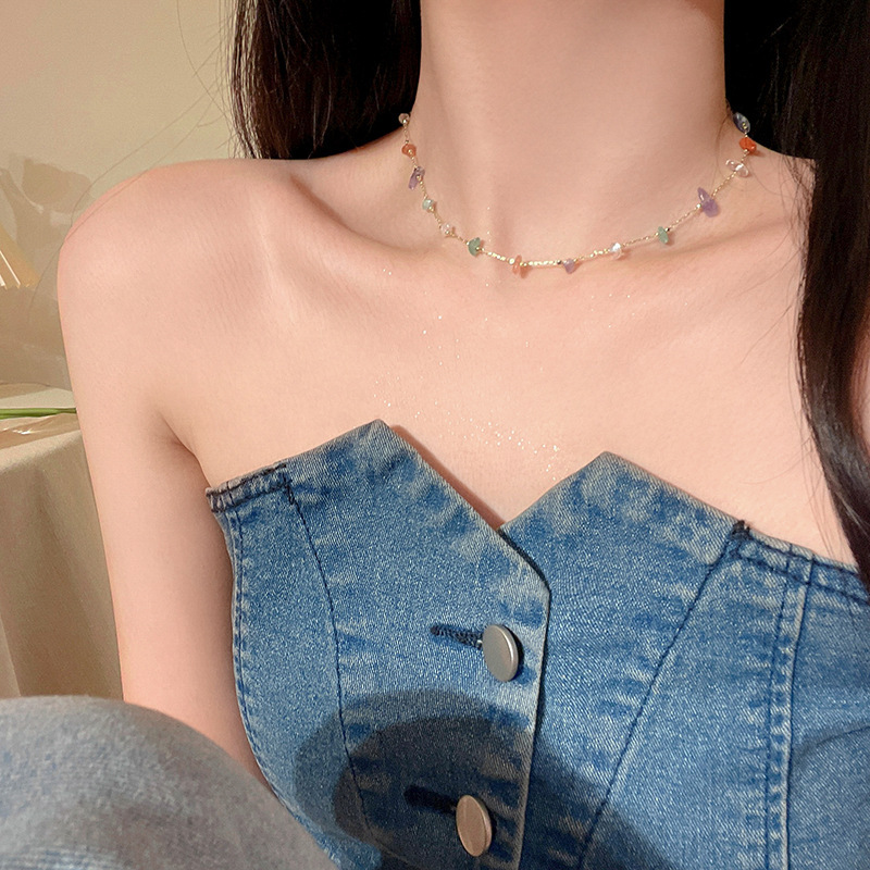 "Meet the Rainbow" Dopamine Colorful Cube Stone Necklace Sweet and Delicate Summer Layered Collarbone Chain