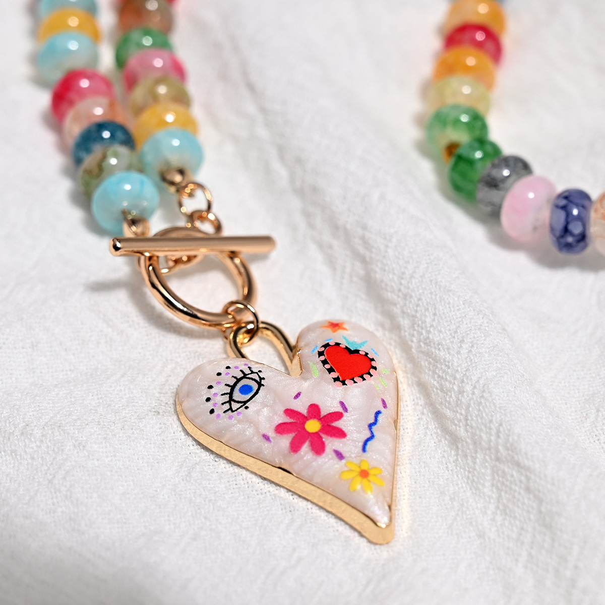 Accessories Mixed Color Glass Bead Necklace for Women Heart Pendant Handmade Bead Choker Necklace