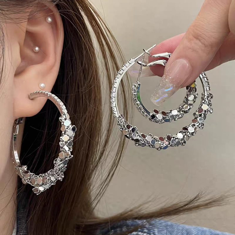 Super Shiny Silver Rhinestone Large Hoop Earrings for Women Exaggerated Ear Accessories