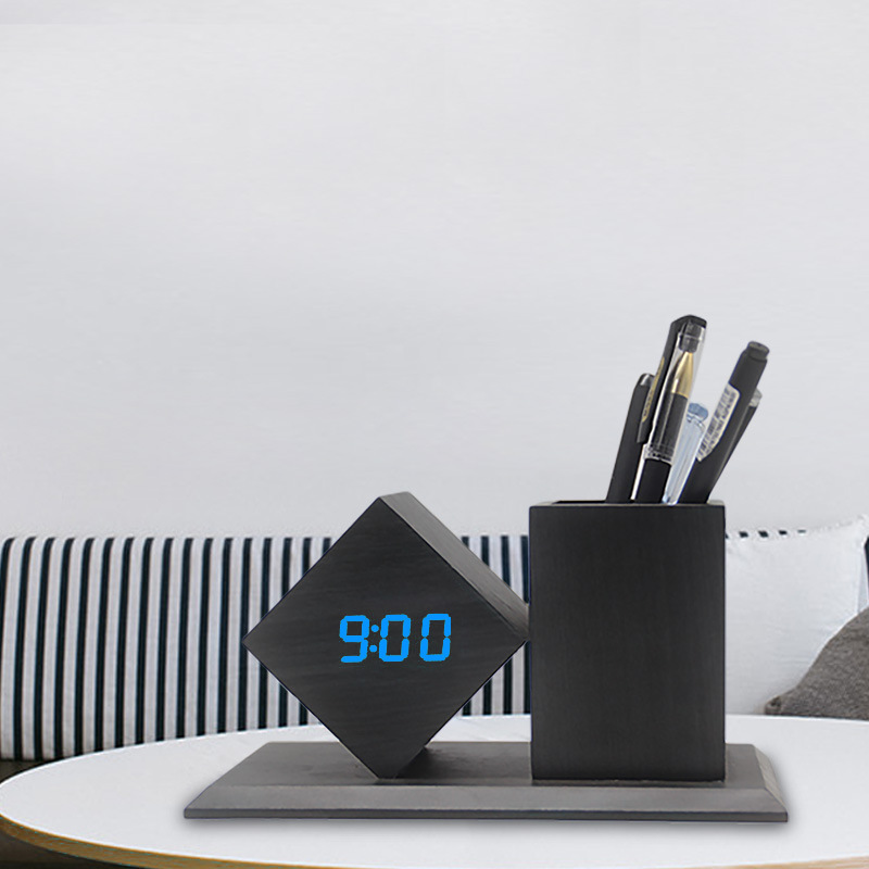 New Wooden Clock LED Smart Alarm Clock Home Office Desktop Pen Holder Wooden Clock Smart Electronic Clock
