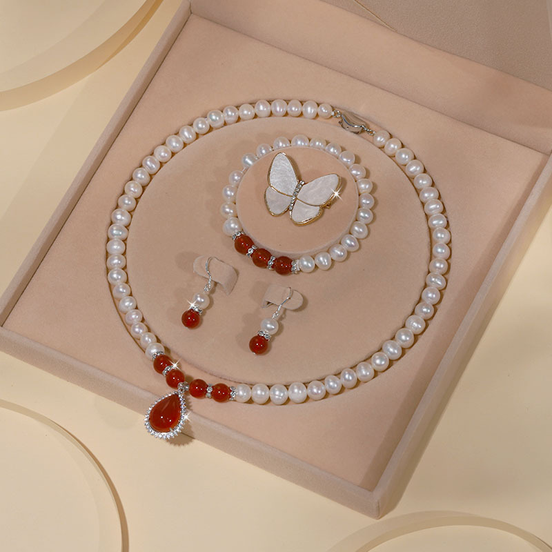 Zhuji Natural Freshwater Pearl Necklace for Women S925 Sterling Silver Three-Piece Set Clavicle Chain Set Mother's Day Gift