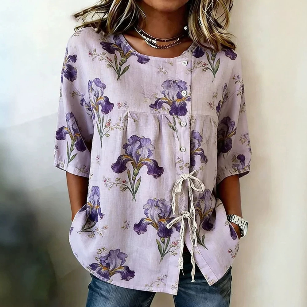 2026 New Summer Women's Top Printed Casual Short Sleeve Drawstring Bow Blouse