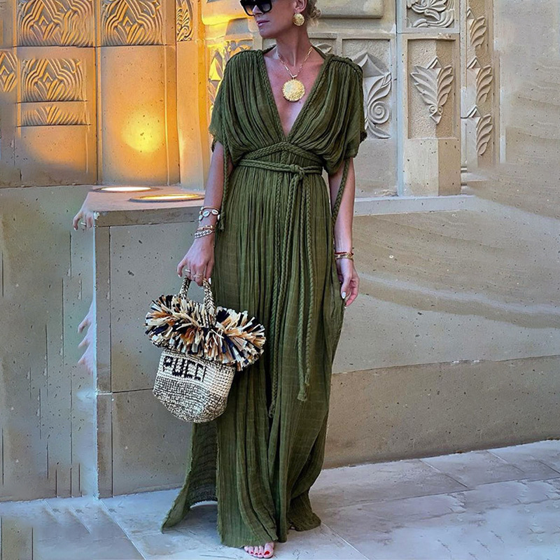 2024 New Spring Women Long Dress Tie Strap Off Shoulder Sexy Halter Loose Vacation Beach Dress