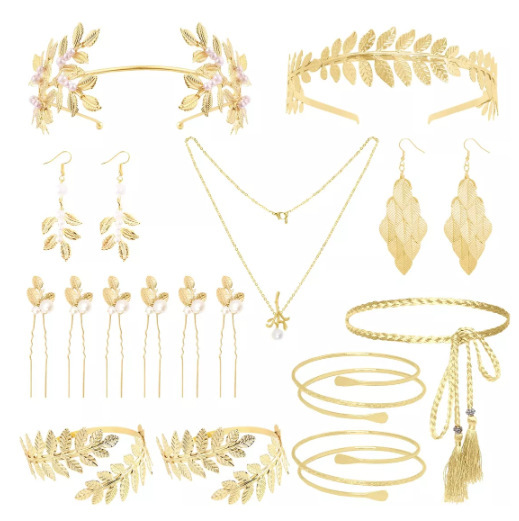 Bridal leaf headband gold goddess leaf hair comb headpiece bracelet pearl earring set