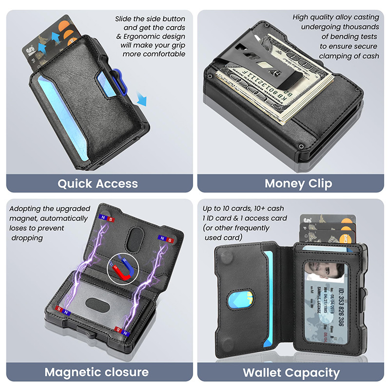 One-click Pop-up Metal Card Holder Multi-card Slot Men's Genuine Leather Wallet with RFID Anti-theft Function