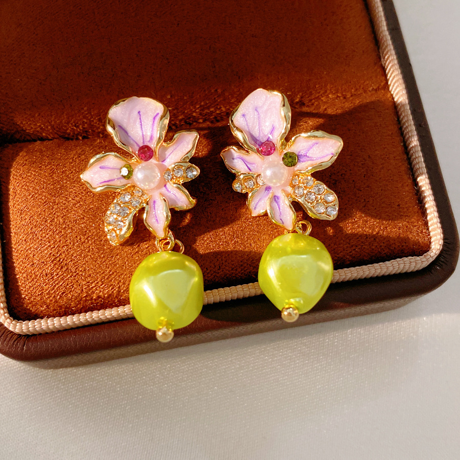 Enamel Crystal Flower Silver Needle Earrings for Women