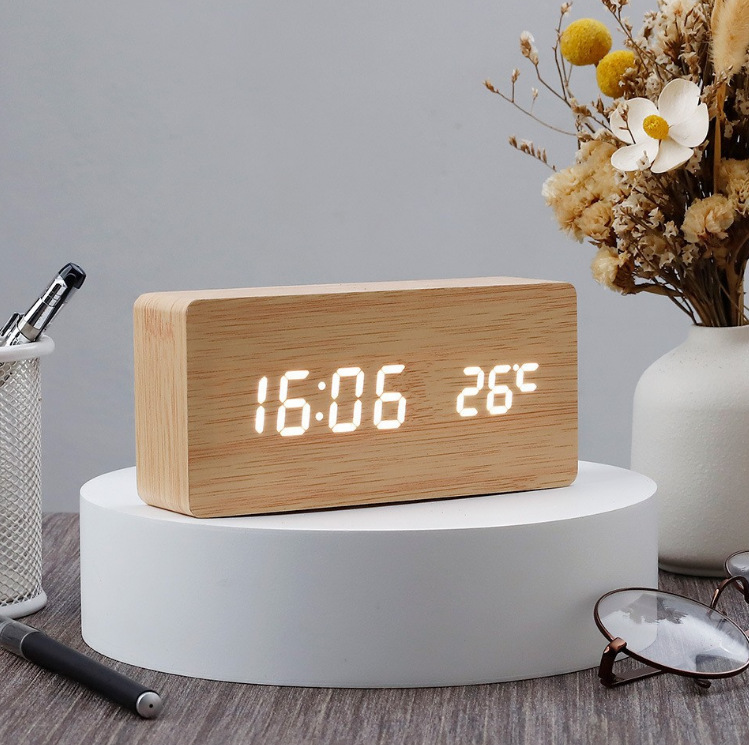 Voice-activated LED wooden clock, simple multi-functional rectangular temperature digital display electronic alarm clock, rectangular