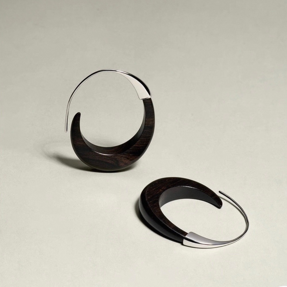 Bean black ebony earrings, new Chinese style spliced circle earrings for women